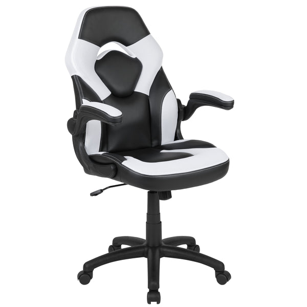 White |#| Black/White Gaming Desk Set with Cup Holder, Headphone Hook, and Monitor Stand