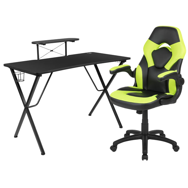 Green |#| Black/Green Gaming Desk Set with Cup Holder, Headphone Hook, and Monitor Stand