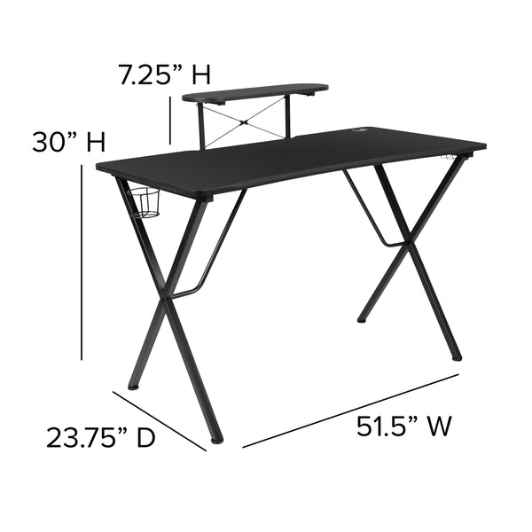 Green |#| Black/Green Gaming Desk Set with Cup Holder, Headphone Hook, and Monitor Stand