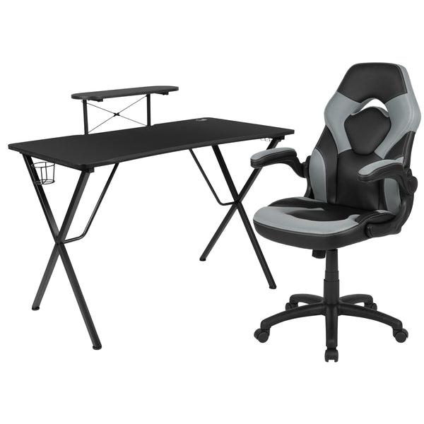 Gray |#| Black/Gray Gaming Desk Set with Cup Holder, Headphone Hook, and Monitor Stand