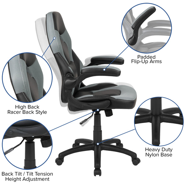 Gray |#| Black/Gray Gaming Desk Set with Cup Holder, Headphone Hook, and Monitor Stand