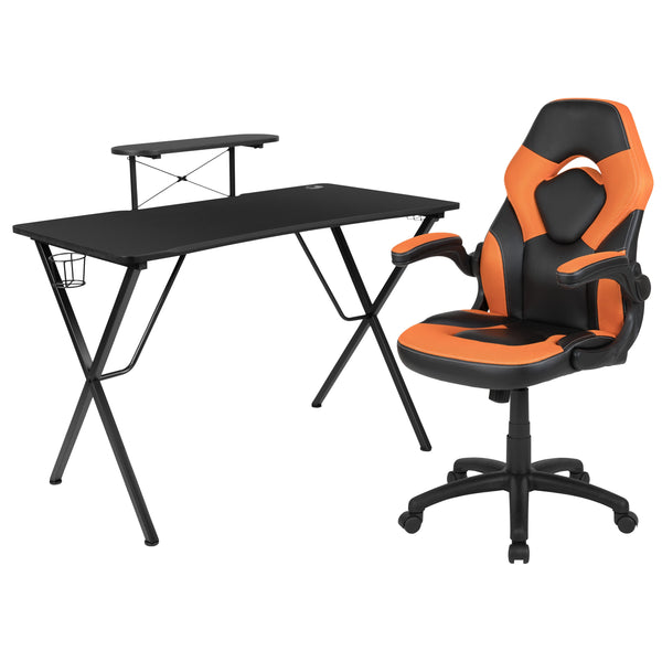 Orange |#| Black/Orange Gaming Desk Set with Cup Holder, Headphone Hook, and Monitor Stand