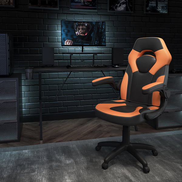 Orange |#| Black/Orange Gaming Desk Set with Cup Holder, Headphone Hook, and Monitor Stand