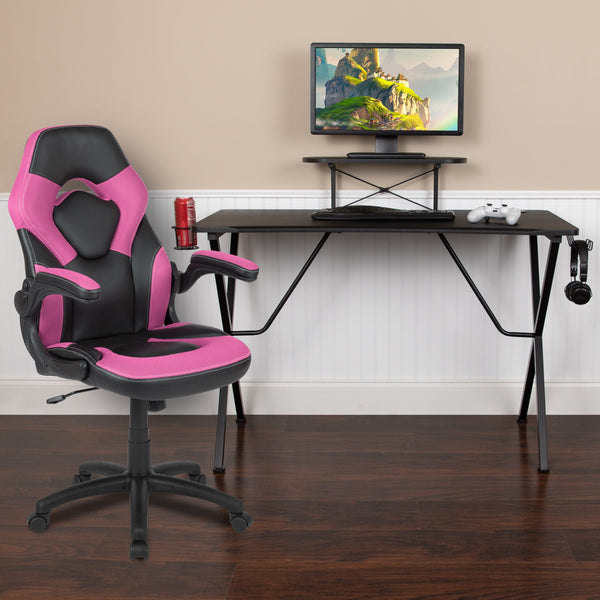 Pink |#| Black/Pink Gaming Desk Set with Cup Holder, Headphone Hook, and Monitor Stand