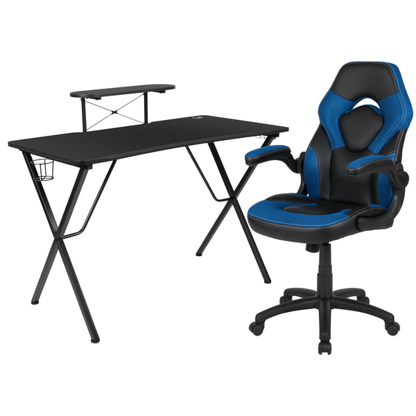 Blue |#| Black/Blue Gaming Desk Set with Cup Holder, Headphone Hook, and Monitor Stand