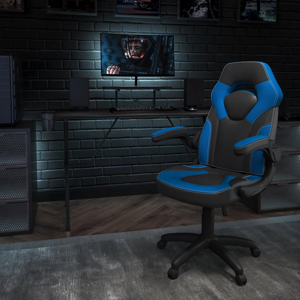 Blue |#| Black/Blue Gaming Desk Set with Cup Holder, Headphone Hook, and Monitor Stand