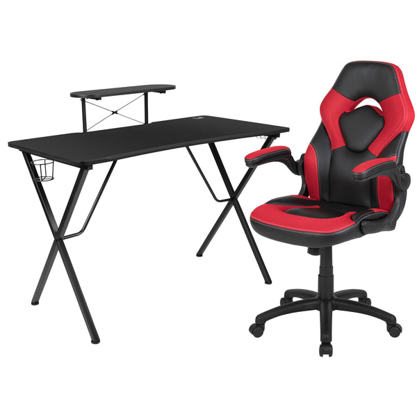 Red |#| Black/Red Gaming Desk Set with Cup Holder, Headphone Hook, and Monitor Stand