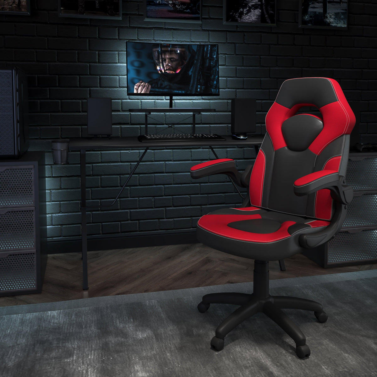 Red |#| Black/Red Gaming Desk Set with Cup Holder, Headphone Hook, and Monitor Stand