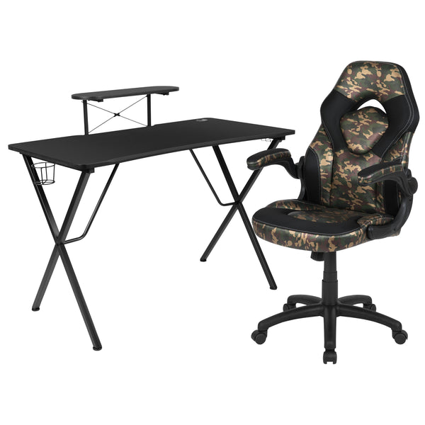 Camouflage |#| Black/Camo Gaming Desk Set with Cup Holder, Headphone Hook, and Monitor Stand