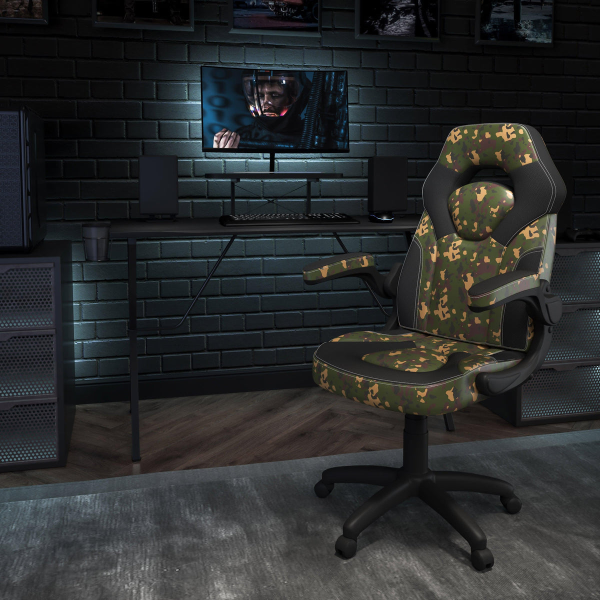 Camouflage |#| Black/Camo Gaming Desk Set with Cup Holder, Headphone Hook, and Monitor Stand