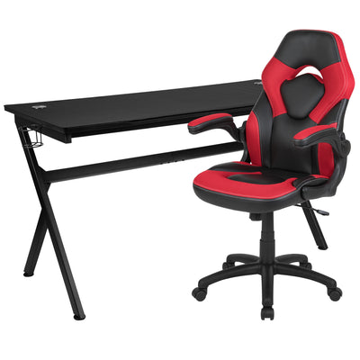 Gaming Desk and Racing Chair Set with Cup Holder, Headphone Hook and Removable Mouse Pad Top - 2 Wire Management Holes