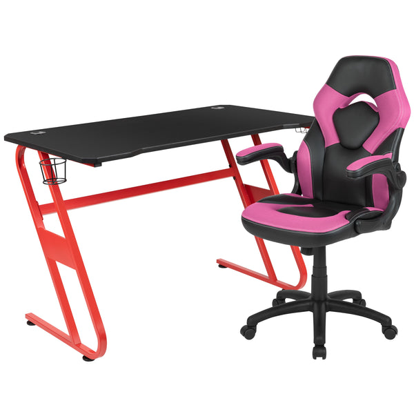 Pink |#| Desk Bundle - Red Gaming Desk, Cup Holder, Headphone Hook and Pink Chair