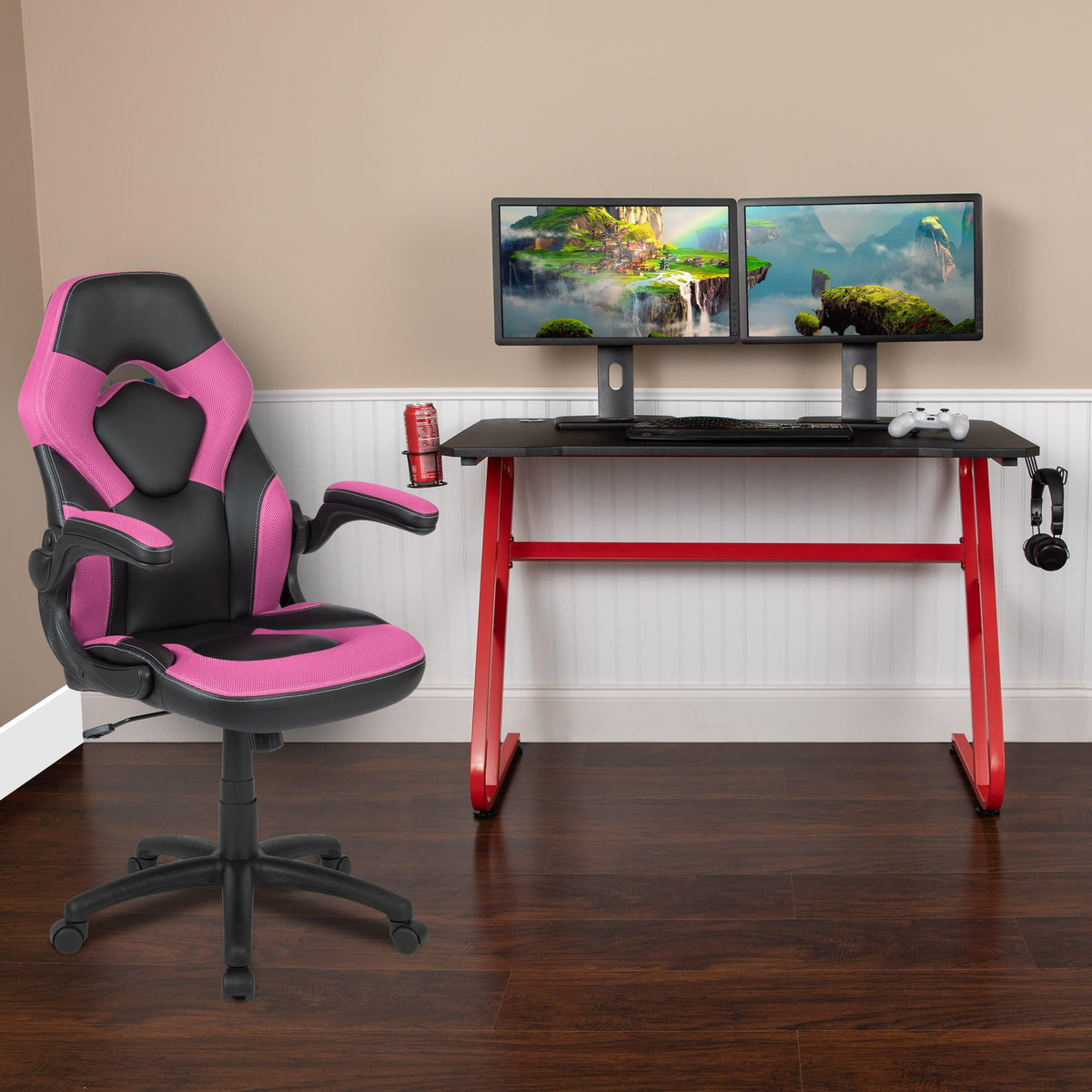 Pink |#| Desk Bundle - Red Gaming Desk, Cup Holder, Headphone Hook and Pink Chair