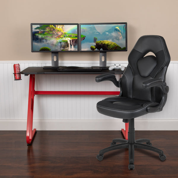 Black |#| Desk Bundle - Red Gaming Desk, Cup Holder, Headphone Hook and Black Chair