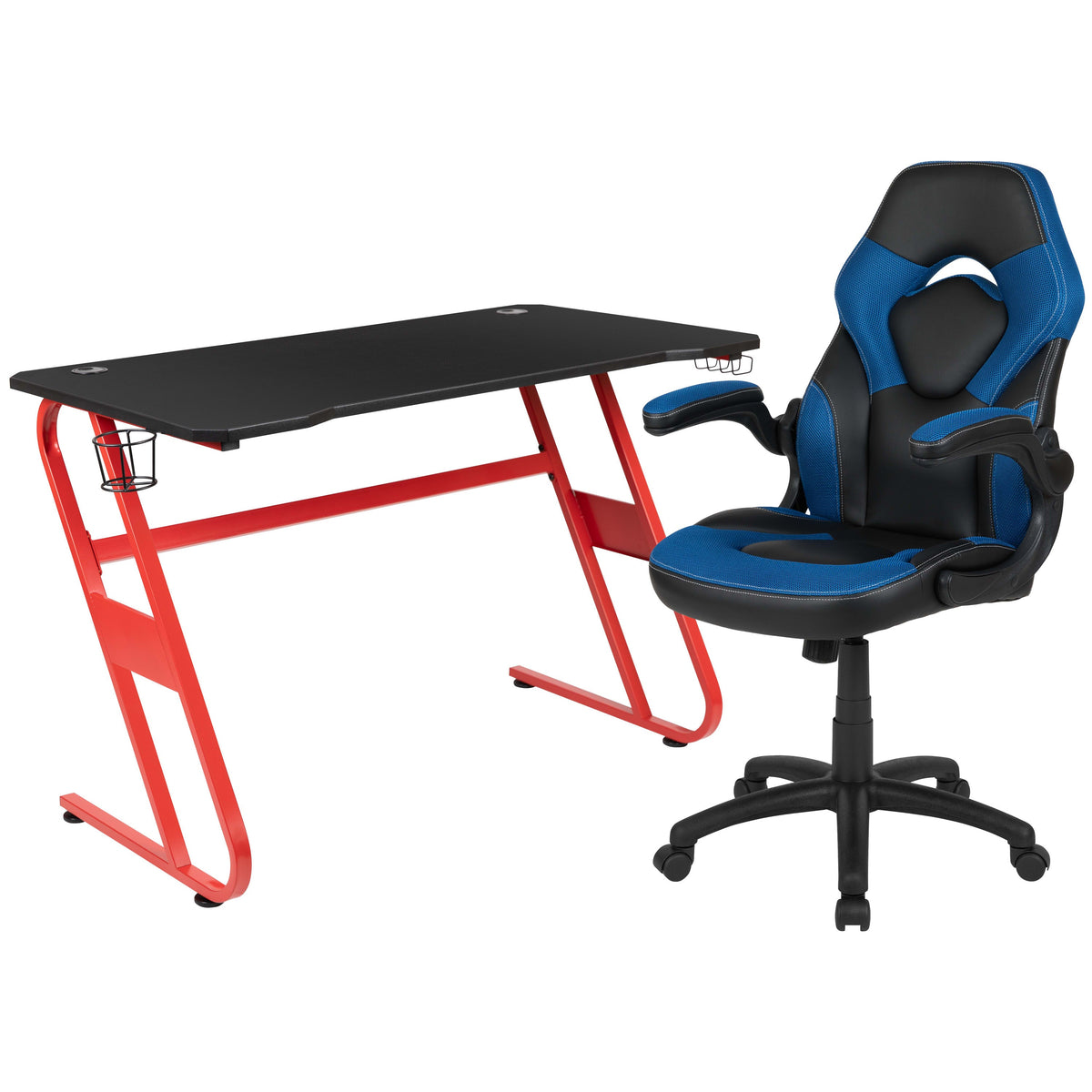 Blue |#| Desk Bundle - Red Gaming Desk, Cup Holder, Headphone Hook and Blue Chair