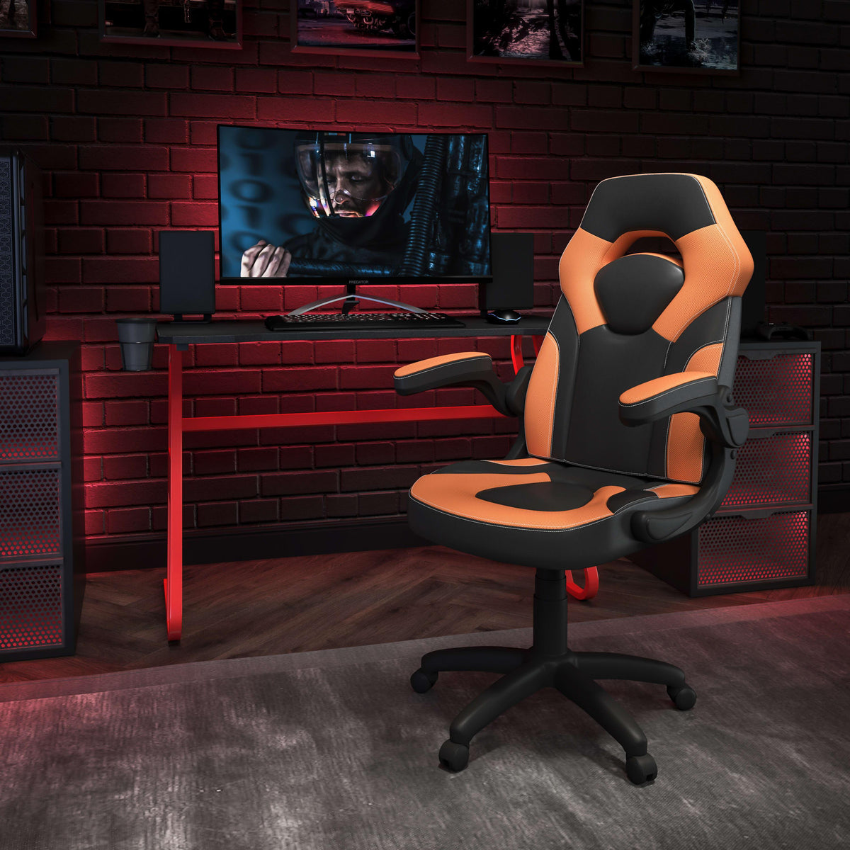 Orange |#| Desk Bundle - Red Gaming Desk, Cup Holder, Headphone Hook and Orange Chair