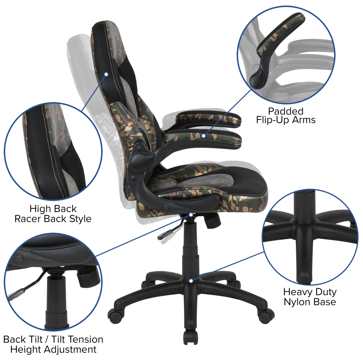 Camouflage |#| Desk Bundle - Red Gaming Desk, Cup Holder, Headphone Hook and Camouflage Chair