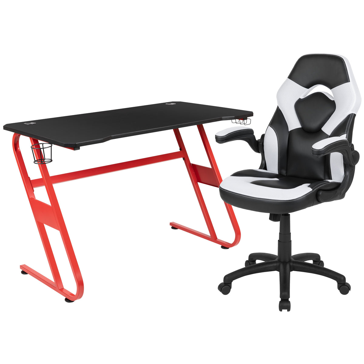 White |#| Desk Bundle - Red Gaming Desk, Cup Holder, Headphone Hook and White Chair