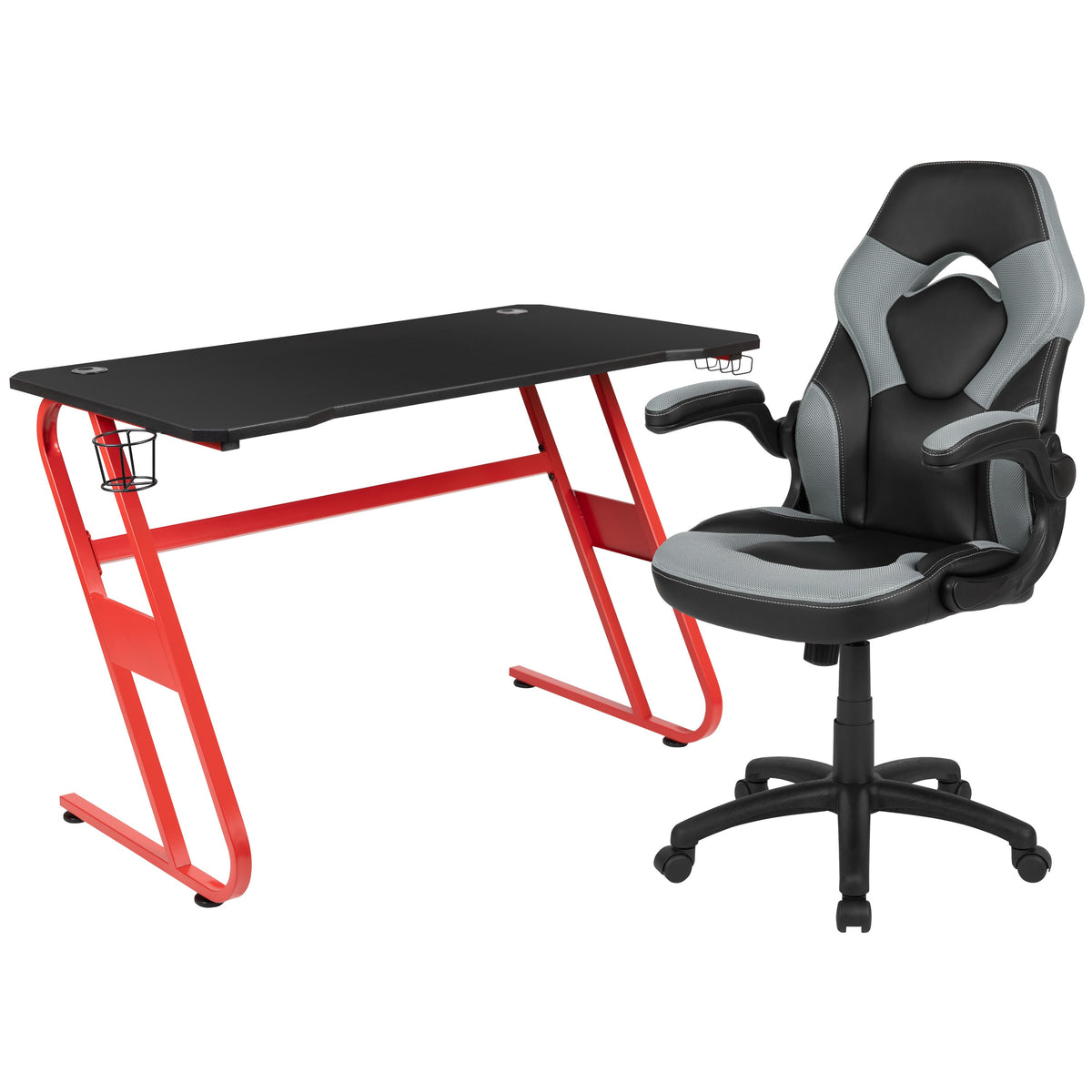 Gray |#| Desk Bundle - Red Gaming Desk, Cup Holder, Headphone Hook and Gray Chair