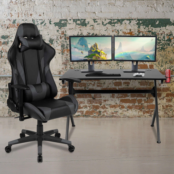 Gray |#| Gaming Bundle-Desk, Cup Holder/Headphone Hook & Gray Reclining Chair