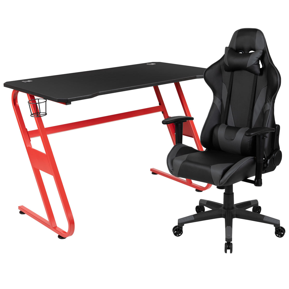 Gray |#| Gaming Bundle-Desk, Cup Holder/Headphone Hook & Gray Reclining Chair