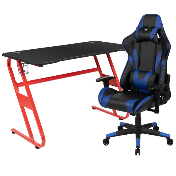 Blue |#| Gaming Bundle-Desk, Cup Holder/Headphone Hook & Blue Reclining Chair