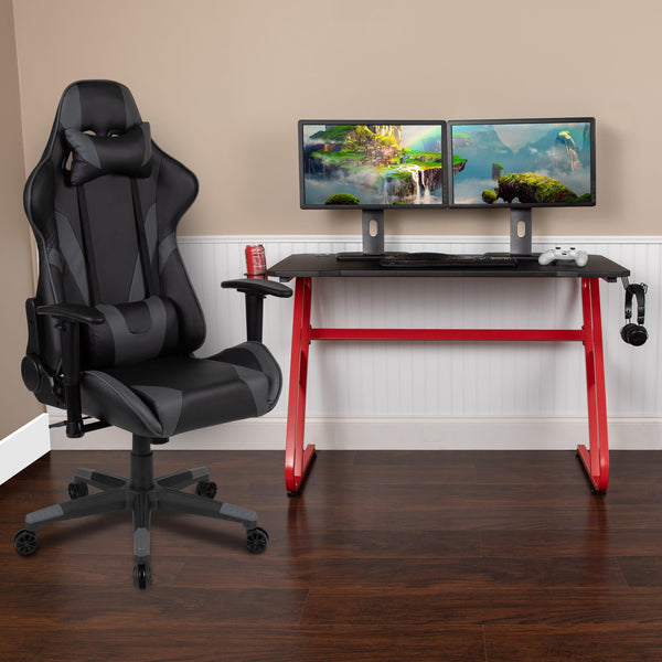 Gray |#| Gaming Bundle-Desk, Cup Holder/Headphone Hook & Gray Reclining Chair