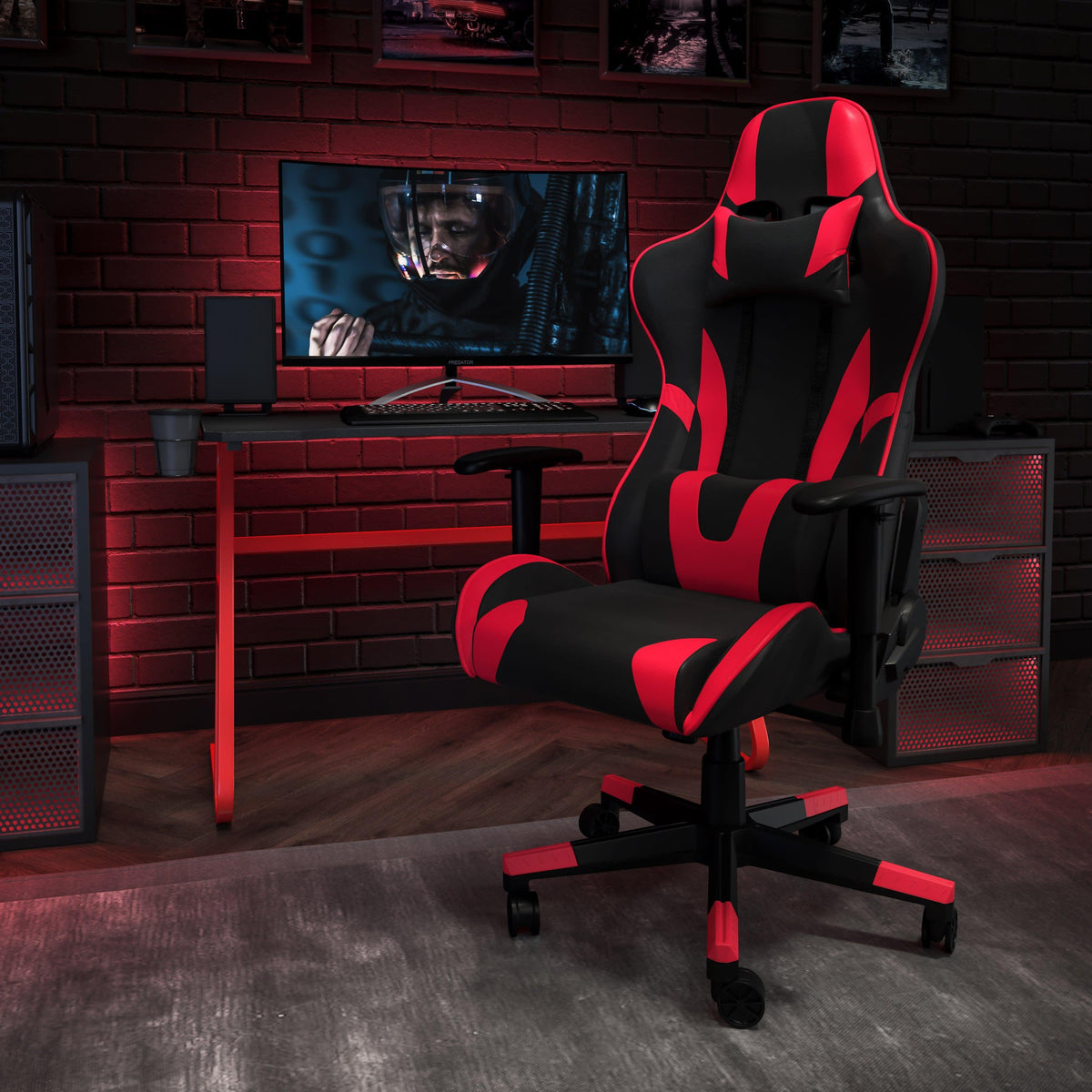 Red |#| Desk Bundle - Red Gaming Desk, Cup Holder, Headphone Hook and Reclining Chair