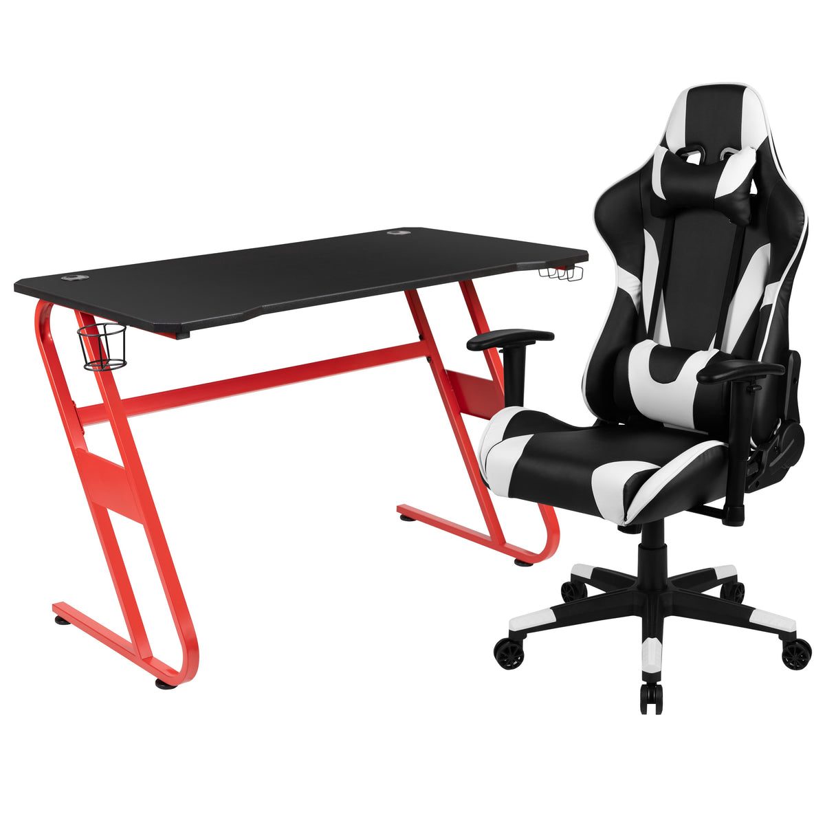 Black |#| Desk Bundle - Red Gaming Desk, Cup Holder, Headphone Hook and Reclining Chair