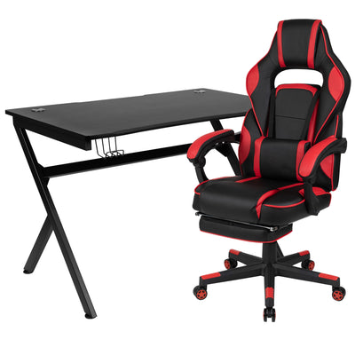 Gaming Desk with Cup Holder/Headphone Hook/2 Wire Management Holes & Reclining Back/Arms Gaming Chair with Footrest - View 1