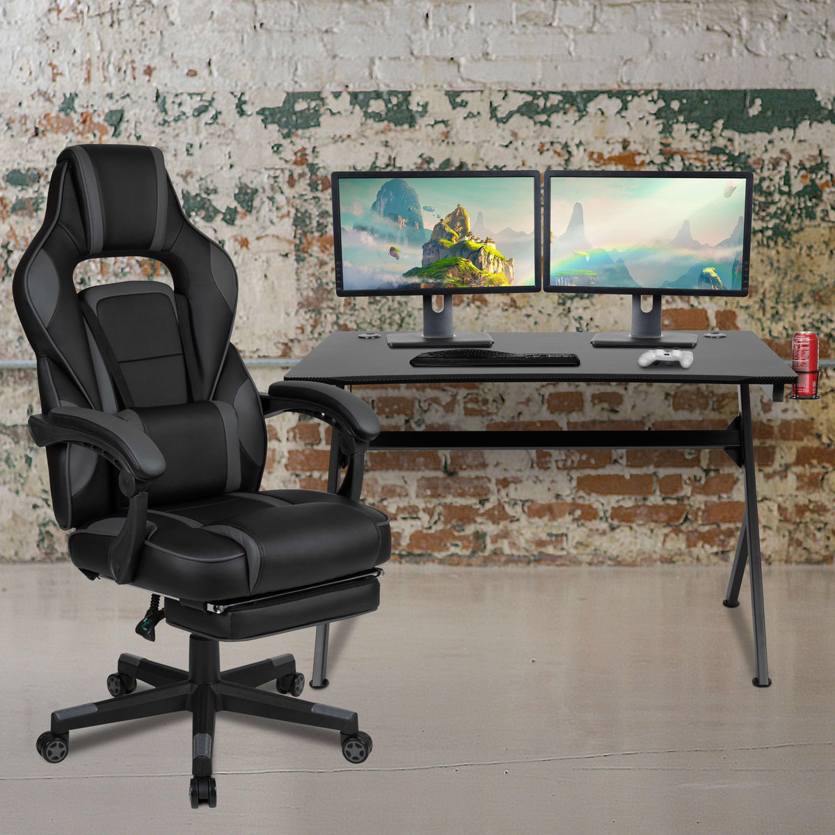 Black |#| Black/Black Gaming Desk Set - Cup/Headset Holder/Reclining & Footrest