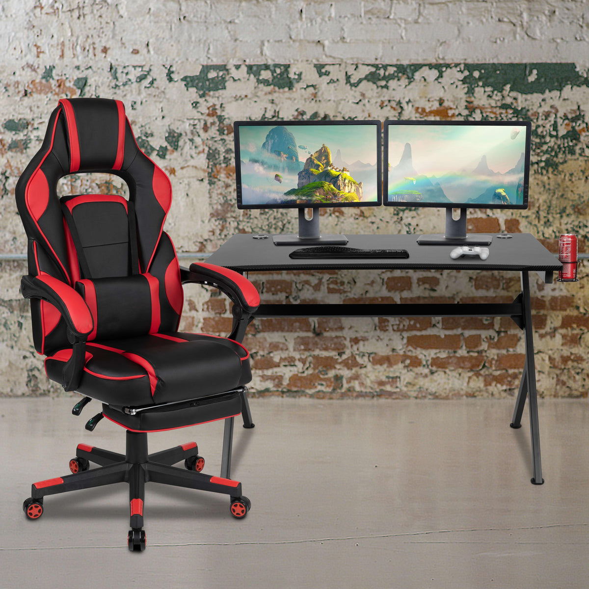 Red |#| Black/Red Gaming Desk Set - Cup/Headset Holder/Reclining & Footrest