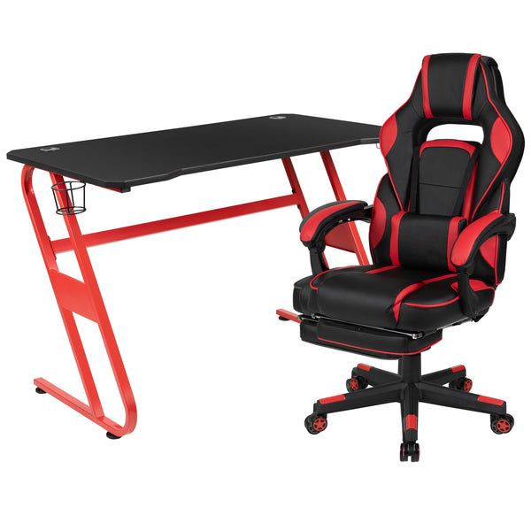 Red |#| Gaming Bundle-Cup/Headphone Desk & Red Reclining Footrest Chair