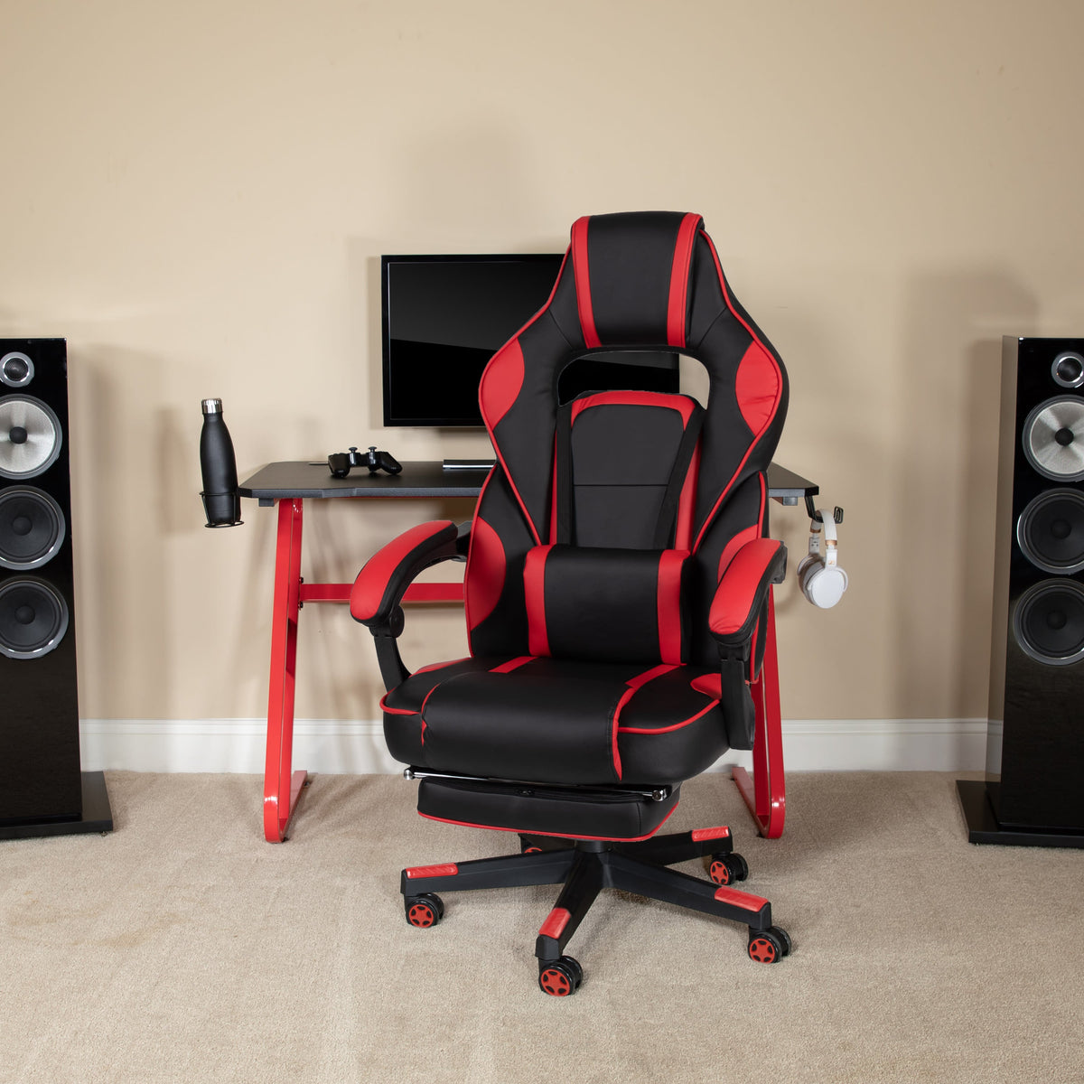 Red |#| Gaming Bundle-Cup/Headphone Desk & Red Reclining Footrest Chair