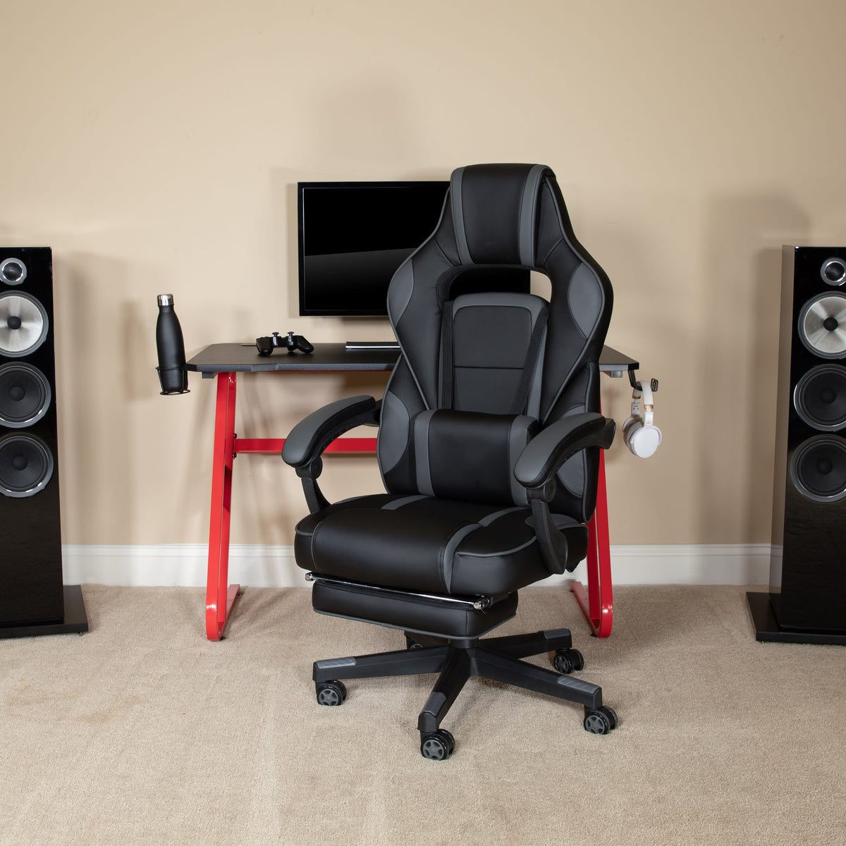 Black |#| Gaming Bundle-Cup/Headphone Desk & Black Reclining Footrest Chair