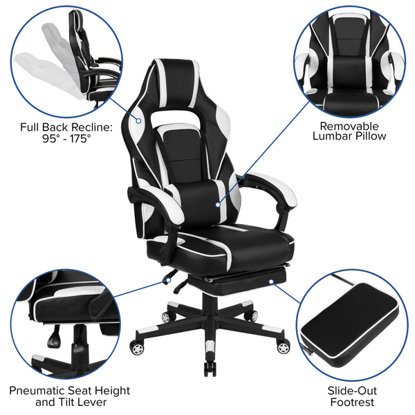 White |#| Gaming Bundle-Cup/Headphone Desk & White Reclining Footrest Chair