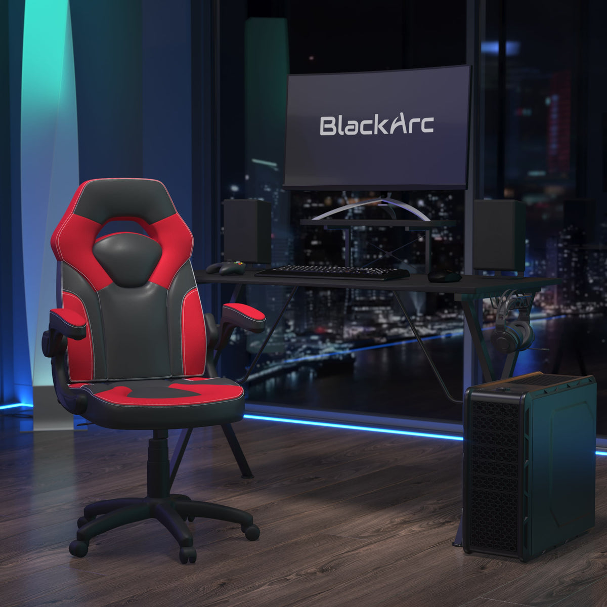 Gaming Chair & Desk Bundle with Removable Headphone Hook & Cupholder - Black/Red