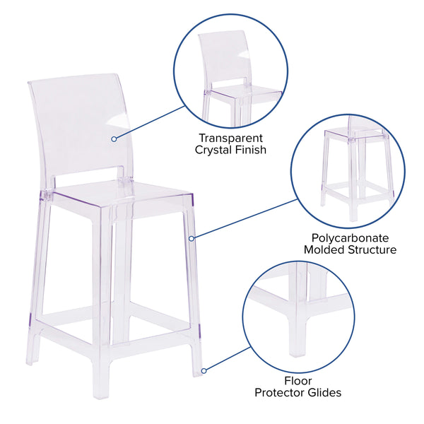 Ghost Counter Stool with Square Back in Transparent Crystal - Wedding Chairs