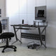 Black Glass Computer Desk with Pull-Out Keyboard Tray and CPU Cart