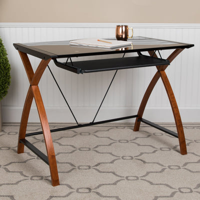 Glass Computer Desk with Pull-Out Keyboard Tray and Crisscross Frame - View 2