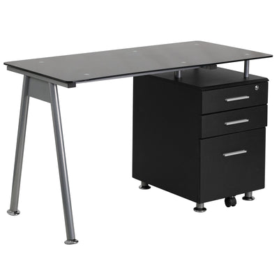 Glass Computer Desk with Three Drawer Pedestal - View 1