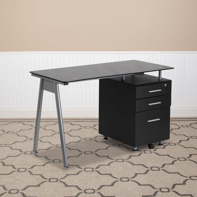 Glass Computer Desk with Three Drawer Pedestal - View 2
