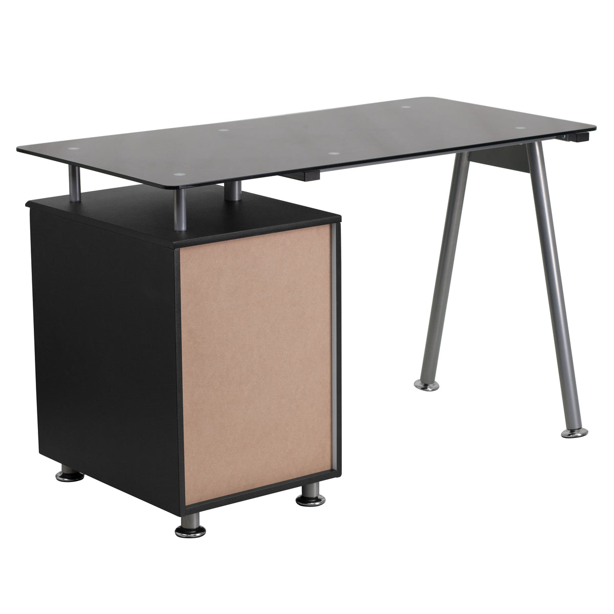 Black Computer Desk with Tempered Black Glass Top and Three Drawer Pedestal