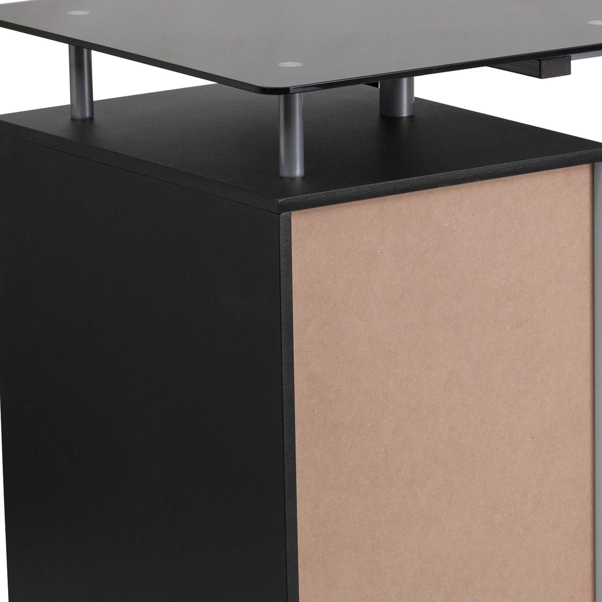 Black Computer Desk with Tempered Black Glass Top and Three Drawer Pedestal