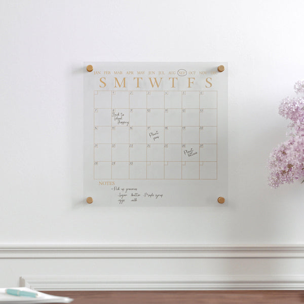 Clear/Gold |#| Premium Clear Acrylic Wall Calendar with Gold Printing and Dry Erase Marker