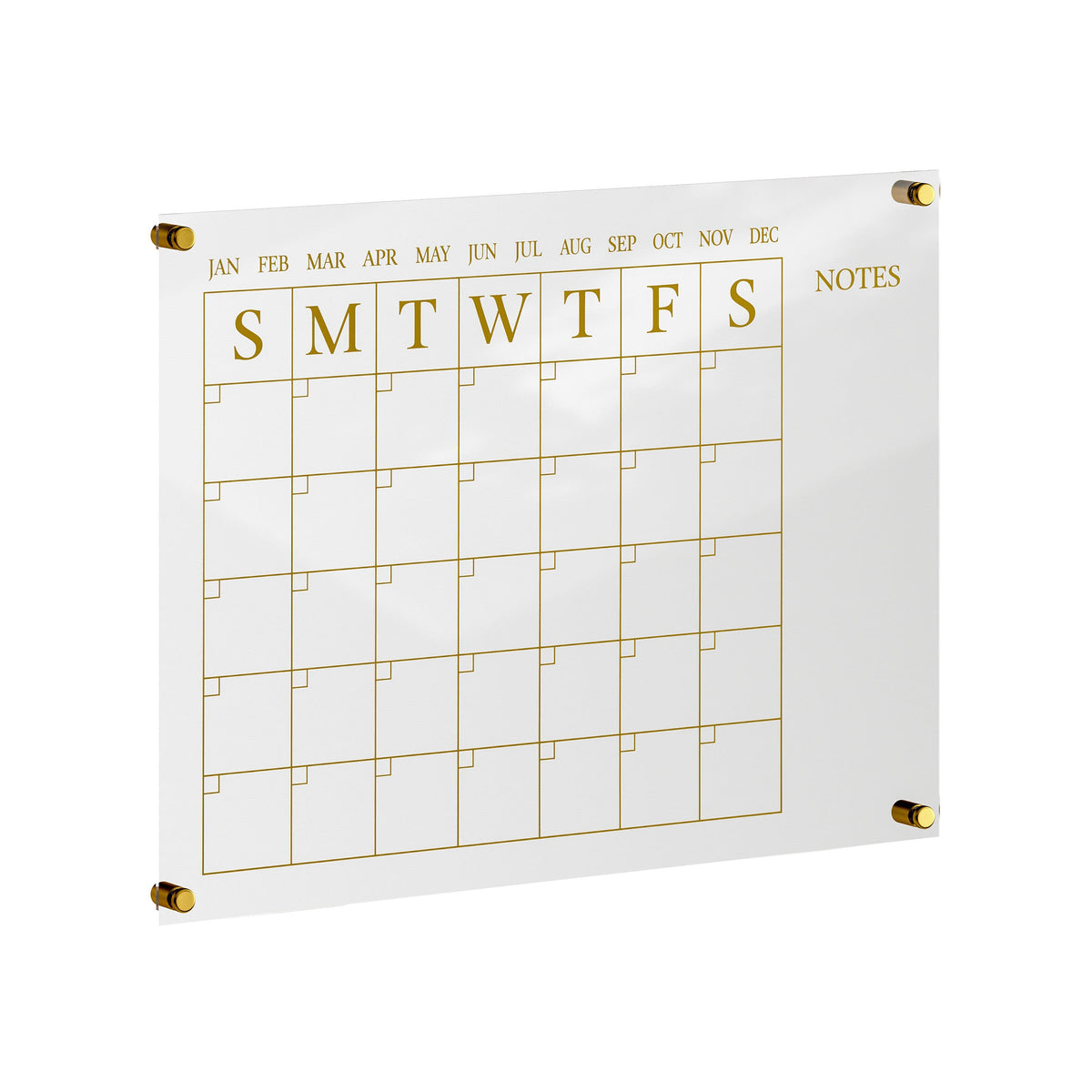 Clear/Gold |#| Premium Clear Acrylic Monthly Wall Calendar with Notes Section and Gold Printing