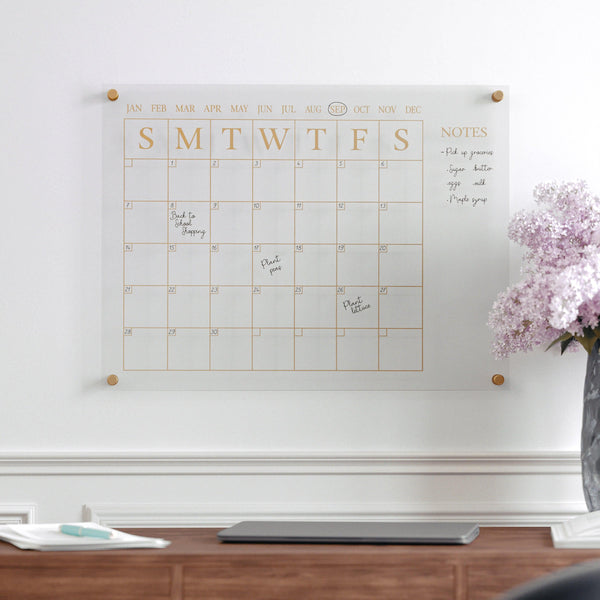 Clear/Gold |#| Premium Clear Acrylic Monthly Wall Calendar with Notes Section and Gold Printing