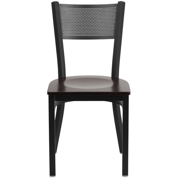 Walnut Wood Seat/Black Metal Frame |#| Black Grid Back Metal Restaurant Chair with Walnut Wood Seat