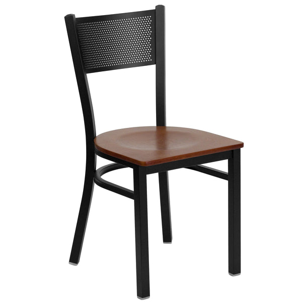 Cherry Wood Seat/Black Metal Frame |#| Black Grid Back Metal Restaurant Chair with Cherry Wood Seat