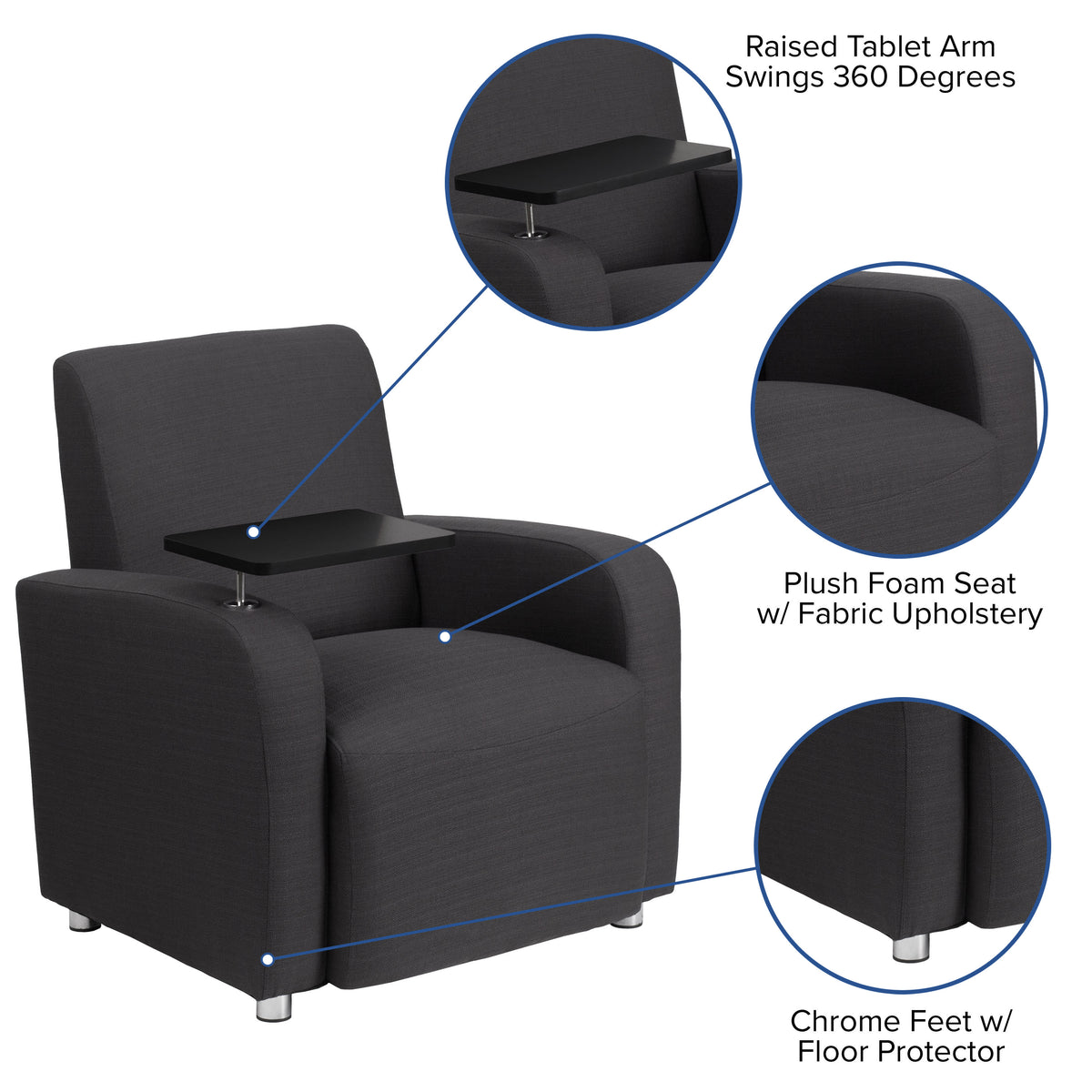 Black LeatherSoft |#| Black LeatherSoft Guest Chair with Tablet Arm, Tall Chrome Legs and Cup Holder